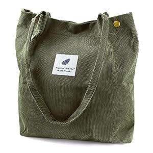 Ayieyill Corduroy Tote Bag for Women Girl Canvas Shoulder Cord Purse with Inner Pocket For Work Beach Lunch Travel School Shopping (X-Army Green)