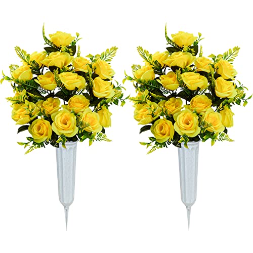 SIFOEL Set of 2 Artificial Grave Memorial Flowers Cemetery Flowers Rose Bouquet with Vase for Cemetery Graveyard Headstones Decoration (Yellow)