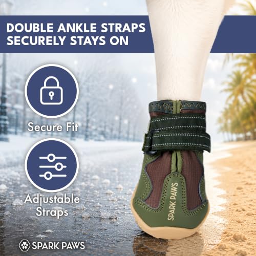 Image of Spark Paws 365 Dog Shoes - All-Weather Paw Protection | Winter Snow Boots & Summer Hot Pavement Booties for Dogs | All-Terrain, Water-Resistant, Green Brown - Size 7