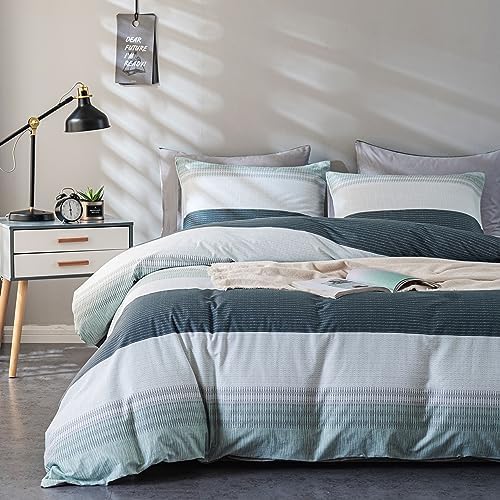 WARMDERN Striped Duvet Cover Set King Size 100 Cotton Green Bedding