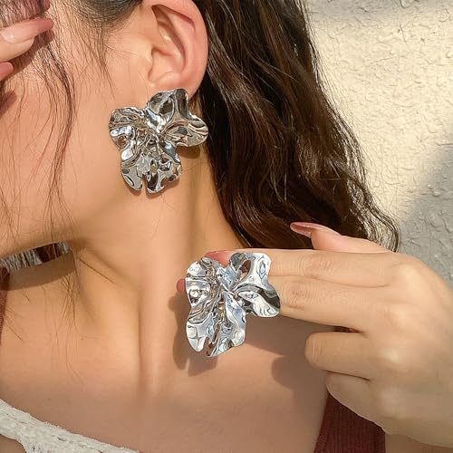 Gold Statement Earrings for Women,Irregular Silver Geometric Big Flower Earrings Chunky Drop Earring,Aesthetic Vacation Jewelry Accessories Gifts3