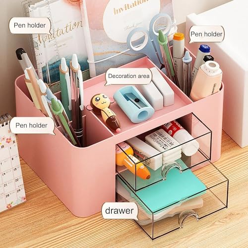Image of Storescent Multi-functional Desk Organiser with 5 Compartments & 2 Drawers - Desktop Stationery & Cosmetic Storage Box for Office Supplies, Pens, Clips, Sticky Notes & Makeup (Pink)