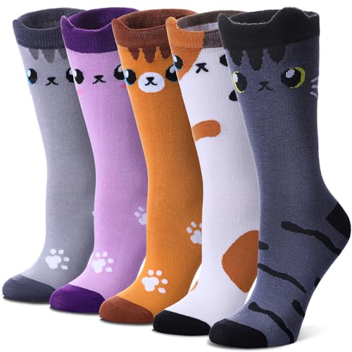 Image of SDBING Womens Cat Socks Cute Gifts Animal Soft Breathable Thin Cotton Casual Crew Socks 5 Pairs