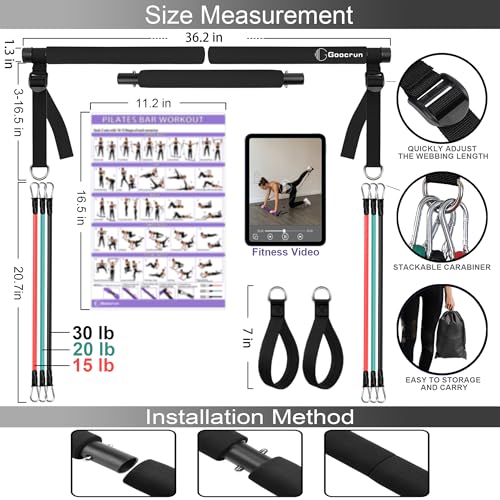 Image of Goocrun Portable Pilates Bar Kit with Resistance Bands for Men and Women - 3 Set Exercise Resistance Bands - Multifunctional Home Gym - Supports Full-Body Workouts - with Fitness Poster and Video