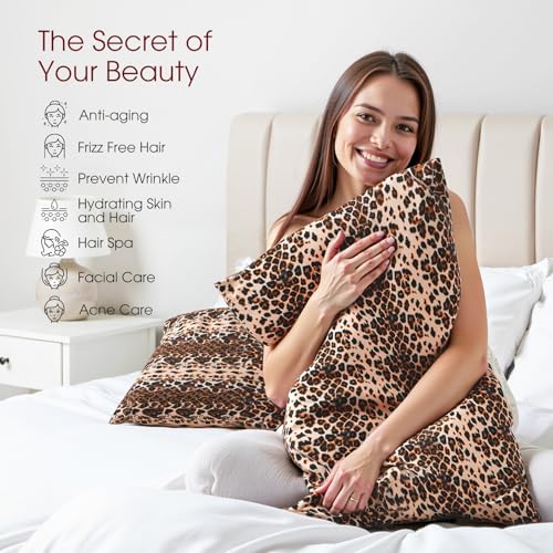 Image of WLOSJ100% Silk Pillow Cases 2 Pack Queen Size Mulberry Silk Pillowcase for Hair and Skin Set of 2 Highest Grade 6A Silk Soft Breathable Cooling with Hidden Zipper, Leopard