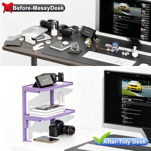 Image of 2-Tier Desk Shelf, Expandable Under Desk Storage, Clamp on Desk Shelf, Desktop Accessories for Offices, Study Rooms, and Game Rooms (Purple)