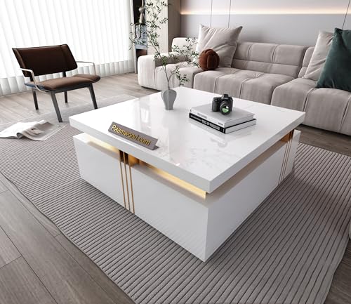 Image of Premium Marble-Top Wooden Center Table for Living Room | Coffee Table | Contemporary Design Craftsmanship (White Big - 36x36x17 Inch)