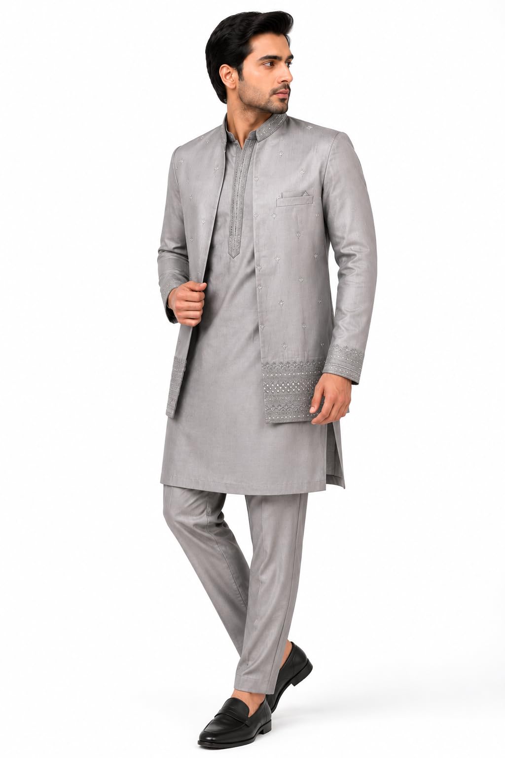Men’s Kurta Pant Set with Embroidered Jacket-picture-47