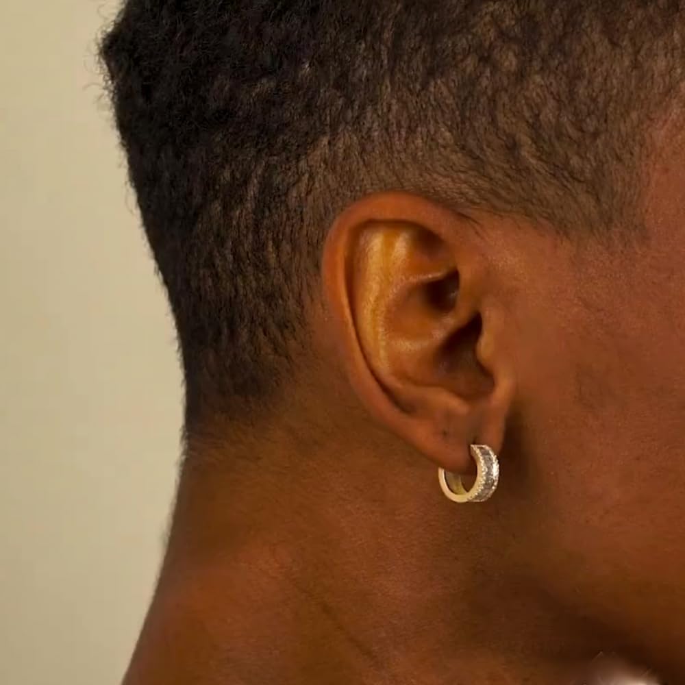 Iced CZ Huggie Trendy Elegant Hypoallergenic Chunky Yellow Gold Plated 925 Sterling Silver Post Brilliant Cubic Zirconia Thick Baguette Hoop Earrings For Men Women - Image 5