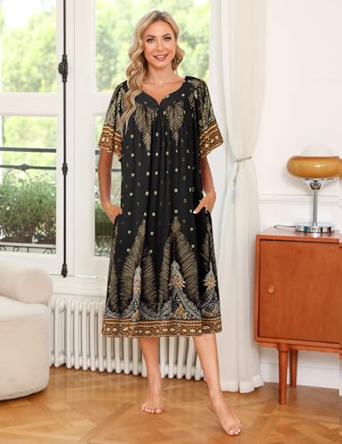 Image of Ekouaer Womens Nightgown Short Sleeve House Dress with Pockets-Floral Print Mumu Dress