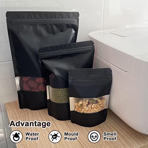 Tontistec Frosted Window Matte Black Stand Up Mylar Bags Plastic Pouch with Resealable Zipper and Tear Notch for Food Packaging (100, 8inch)