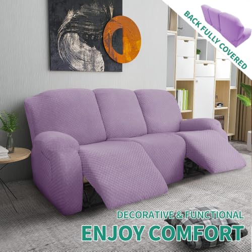 Image of YEMYHOM 8 Pieces Stretch Recliner Sofa Cover Jacquard Reclining Couch Cover with Side Pocket Anti-Slip Fitted 3 Cushion Furniture Slipcovers with Elastic Bottom (Sofa Recliner, Light Purple)