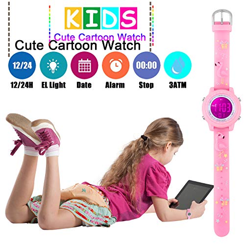 Kids Watch for Boys Girls Flamingo 3D Cute Cartoon Toddler Watch Digital Silicone Band Alarm Stopwatch Digital Child Wristwatch 50M Waterproof Pink3