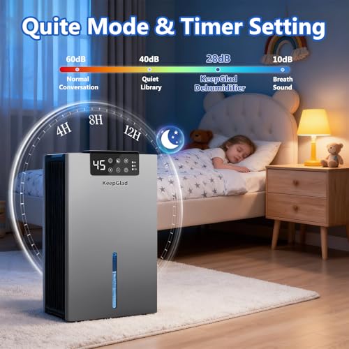 Image of KeepGlad Dehumidifier, 98OZ Dehumidifiers for Home(1000sq.ft), Humidity Display Dehumidifier for Basement Bathroom Bedroom, Auto Shut Off, Washable Filter, Drain Hose, Timer, 7 Ambient Lights, Gray