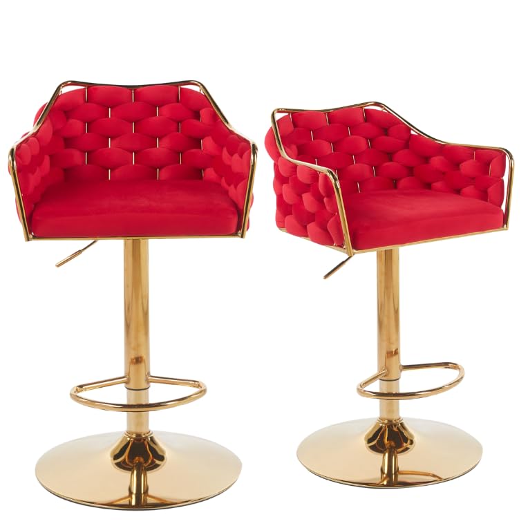 Image of Creative Modern Red Fabric Bar Chair with Golden Plated Base | Comfortable Upholstered Seat, Sturdy Frame & Contemporary Look (Pack of 2)