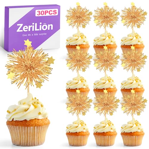 ZeriLion 30 Pack Gold Firework Cake Toppers for Cupcakes and