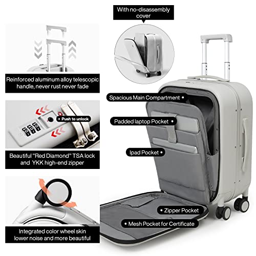 Carry On Luggage, 20'' Suitcase With Front Laptop Pocket, Travel Rolling Luggage Aluminum Frame Pc Hardside With Spinner Wheels & Tsa Lock And Cover - Smoke White #TOP4