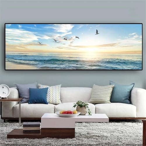 Peinture art mural moderne grand format 60x145cm motif plage et mer