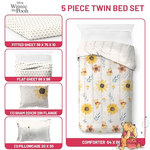 Image of Disney Winnie The Pooh Twin Comforter Set 5 Piece Cartoon Bedding, Beige | Bed in a Bag, Comforter Sheets Sham Pillowcase, Official Product, Soft Microfiber, Machine Washable, Easy Care, Kids Gift