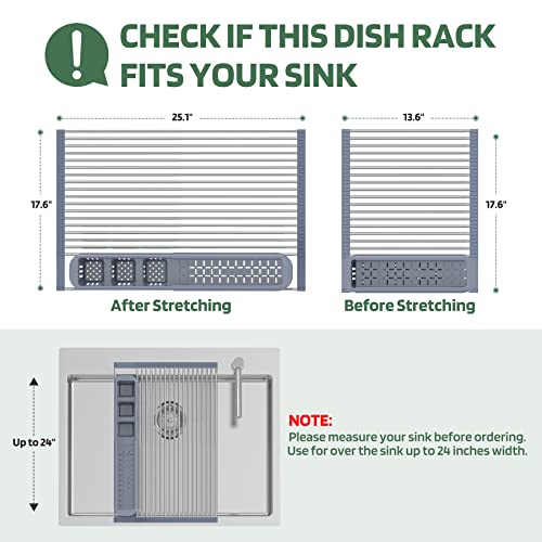 BBXTYLY Stainless Steel Extra Large Gray Drying Rack, Over The Sink, Expandable Roll Up Kitchen Drainer, Includes Removable Utensil Holder (13.6\'\'-25.1\'\') - Thumbnail 4