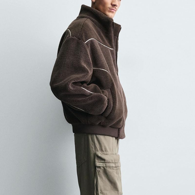Men's Zip up fleece Jacket y2k Color blocked Stand up Collar Outdoor Fuzzy Jacket Trendy Warm Outdoor Winter Coat