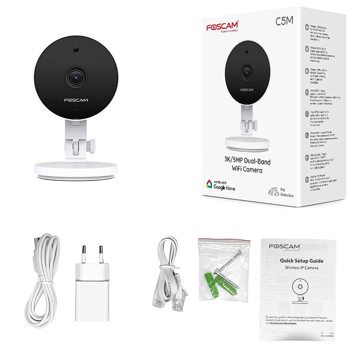 Foscam C5M 3K 5MP Dual Band Telecamera di sorveglianza WLAN con visione notturna fino a 8 metri, audio bidirezionale, rilevamento rumore e movimento, compressione video H.264+/H.264