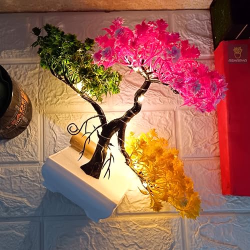 Image of Fake Bonsai Plant Tree with LED, Artificial Plant Indoor Potted Houseplant | Faux Bonsai for Home Decor, Parties, and Festivals (24cm, Colorful Foliage)