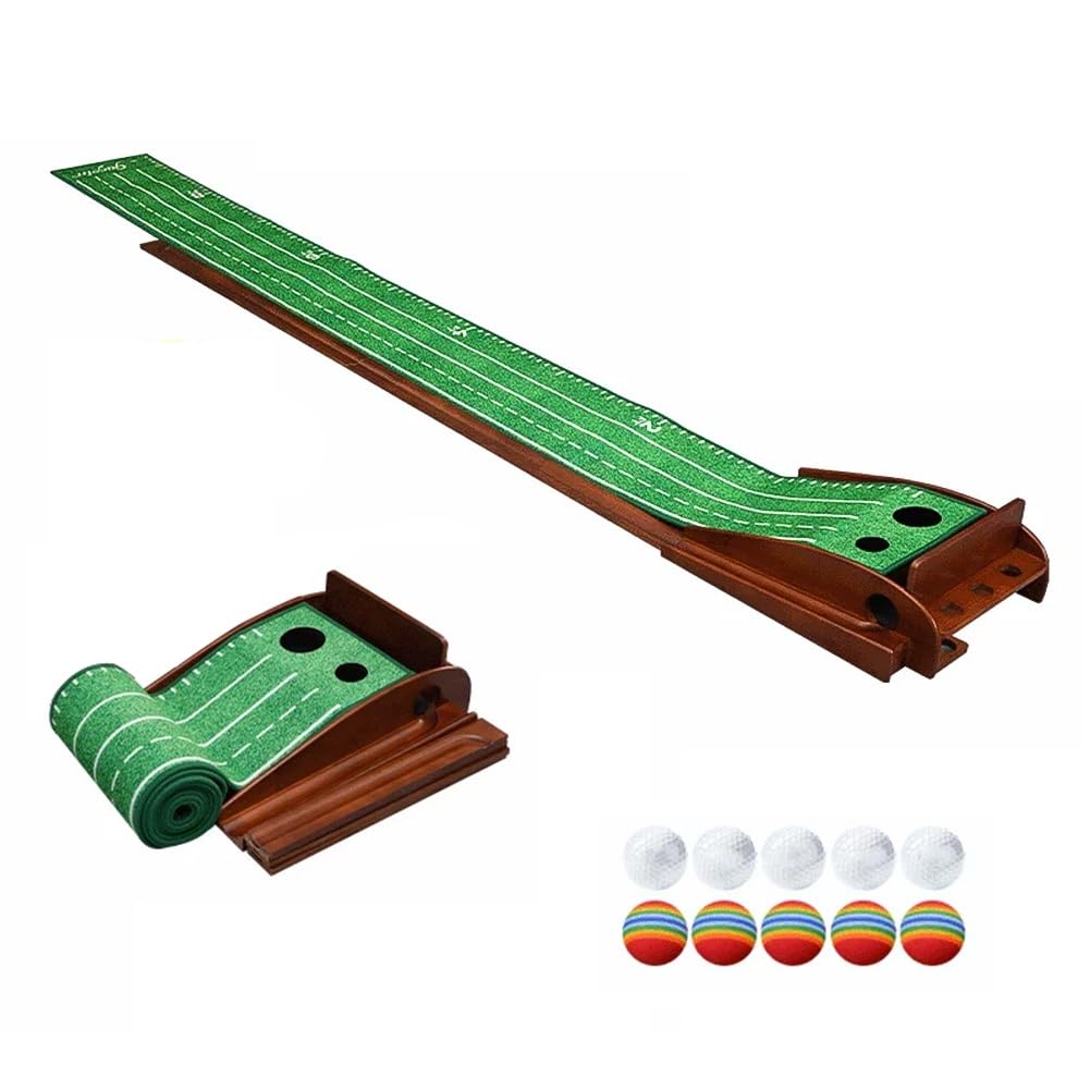 exproyzk Entrenador De Putt para Golf En Interiores: Ayuda Portátil para El Entrenamiento De Golf con Base De Madera Y Retorno De Bolas; Alfombrilla De Putt para Practicar En Casa