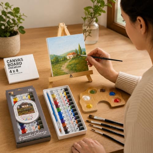 Image of Professional Painting Kit 20pcs, Paintbrush 4, Colours 12, Mini Palette 1, Canvas Board 2, Pine Wooden Mini Easel 1, Canvas Board 4x4 inch, Ideal for Begginners, Kids & Adults