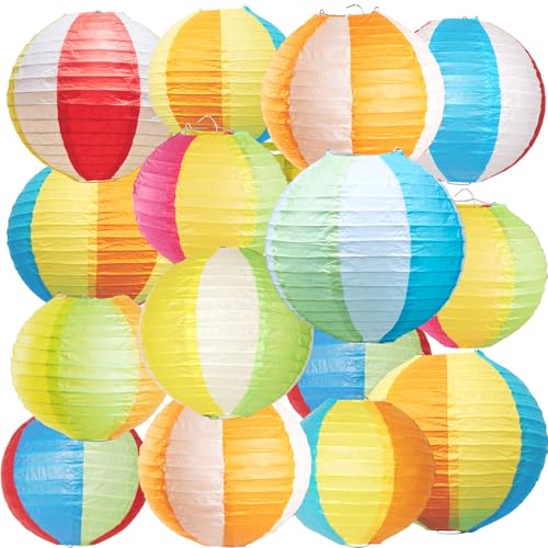 Easy Joy 16PCS Pool Party Decorations, Summer Beach Ball Paper Lanterns, Colorful Luau Themed Round Hanging Decorations, for Home, Office, Room, Outdoor, Birthday, Classroom, Party Supplies