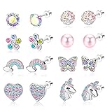 CASSIECA 8 Pairs Hypoallergenic Screw Back Earrings for Girls Women 316L Stainless Steel CZ Pearl Heart Flower Turtle Butterfly Stud Earrings Jewelry Gift Women Girl