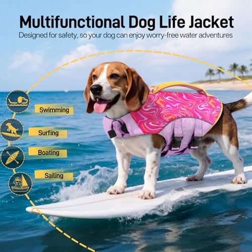 Image of BRKURLEG Dog Life Jacket, High Buoyancy Dog Life Vest for Swimming Boating, Adjustable Reflective Pet Flotation Vest with Rescue Handle, Small Medium Large Dogs Lifesaver for Pool Beach, Purple XS