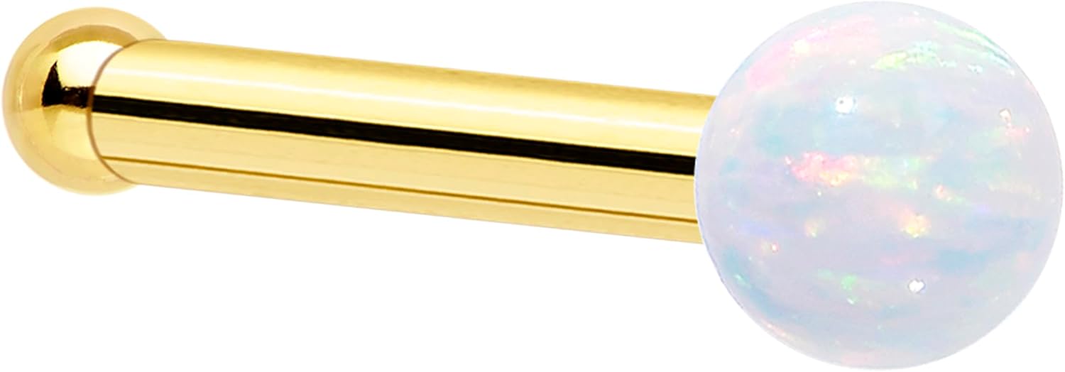 14k Solid Gold Nose Ring Stud with White Synthetic Opal - Handcrafted by Master Jeweler in USA – Real Yellow Gold 18G 20G Nose Piercing Jewelry for Women Men