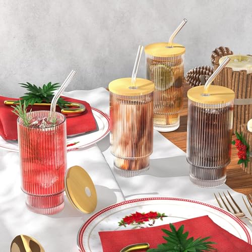 Image of SKDBPM Ribbed Glass Coffee Sipper with Wooden Lid and Straw Pack of 1,Multipurpose Drinking Tumbler for Juice Soda Smoothies Cocktail Home & Travel Mugs(Pack of 1)