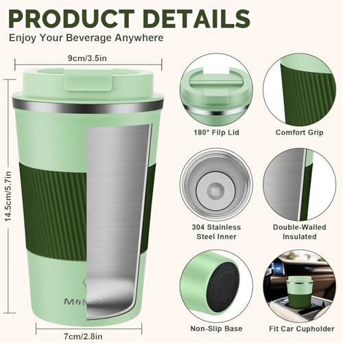 Image of MOMSIV 12oz Travel Mug, Insulated Coffee Cup with Leakproof Lid, Vacuum Stainless Steel Double Walled Reusable Tumbler for Hot and Cold Water Coffee and Tea In Travel and Car (Green-380ml)