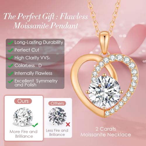 Moissanite Heart Pendant Necklaces for Women,D Color VVS1 Moissanite Lab-Created Gem,925 Sterling Silver Gold Plating,Wedding,Anniversary,Birthday Fine Jewelry Gifts for Wife Her Mom Girlfriend3