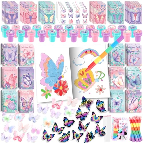 BenLouis 96Pcs Butterfly Party Favors Butterfly Fairy Coloring Books Crayon Stickers Set Bulk for Kids Butterfly Birthday Decor Spring Flower Tea Goodie Bag Stuffers Classroom Gifts Pinata Filler