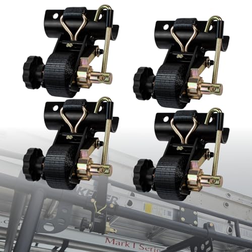 Image of Ladder Rack Ratchet Straps - 2 inch Black Round Tube Mount - (4 Pack) Heavy Duty 500lbs Load Capacity, 1.5 inchW x 7.5'L Locking Strap with Double J-Hooks for UTV,ATV,Truck,Cargo Van,Security Tie Down Straps