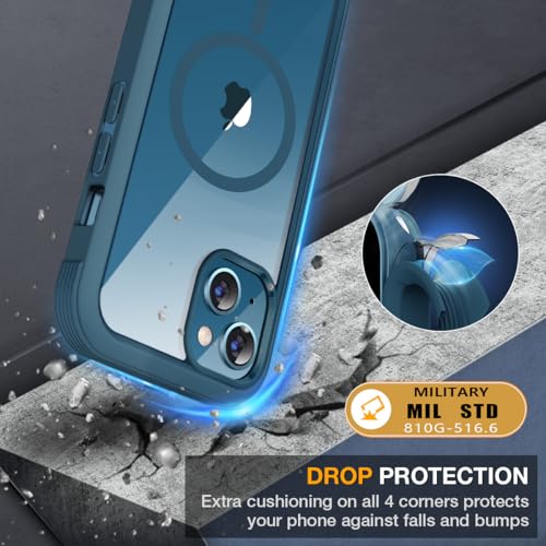Image of Miracase for iPhone 13 Case 6.1'',Full-Body Magnetic Clear Bumper Case with Built-in 9H Tempered Glass Screen Protector,Military Drop Protection Outdoor Phone Case,Storm Blue