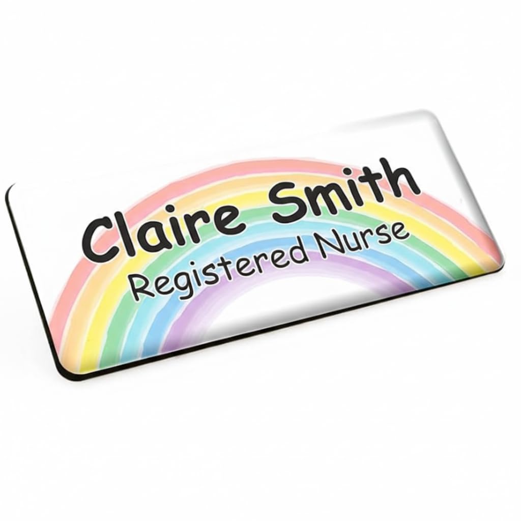 Badgemaster Colourful Pastel Rainbow Personalised Premium Domed Bespoke Custom Name Badge 76 x 32mm White Black