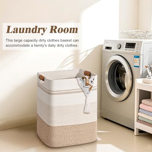 Image of Laundry Hamper, 85L Tall Laundry Basket with Leather Handles, Rectangle Large Clothes Hamper for Organizing, Cotton Woven Laundry Baskets Storage Hampers for Bedroom, Nursery, Living Room