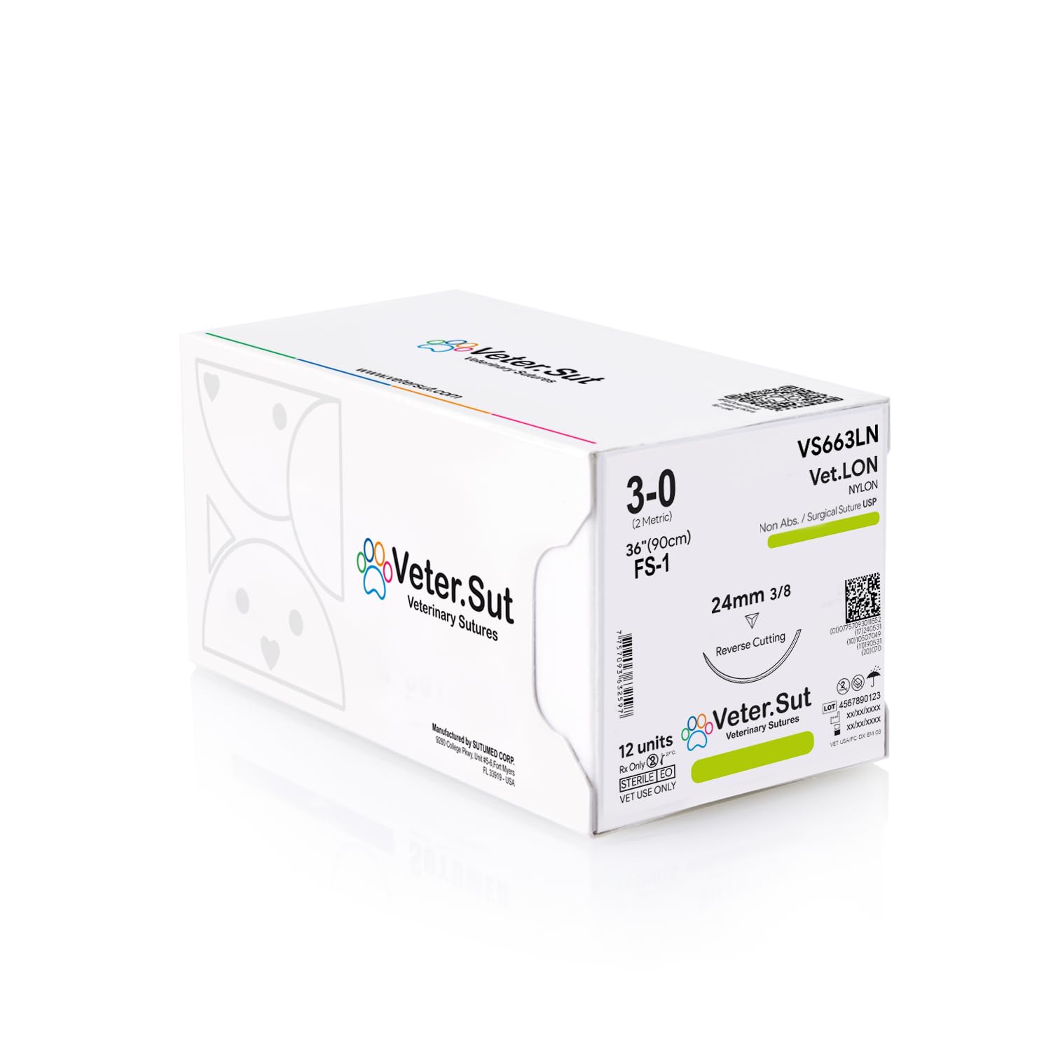 VeterSut VetLON Non-Absorbable Nylon Surgical Suture USP Size 3-0, (FS-1) 3/8 24mm Reverse Cutting Needle, 36 Inches (90 cm), 12 Count, Veterinary Use