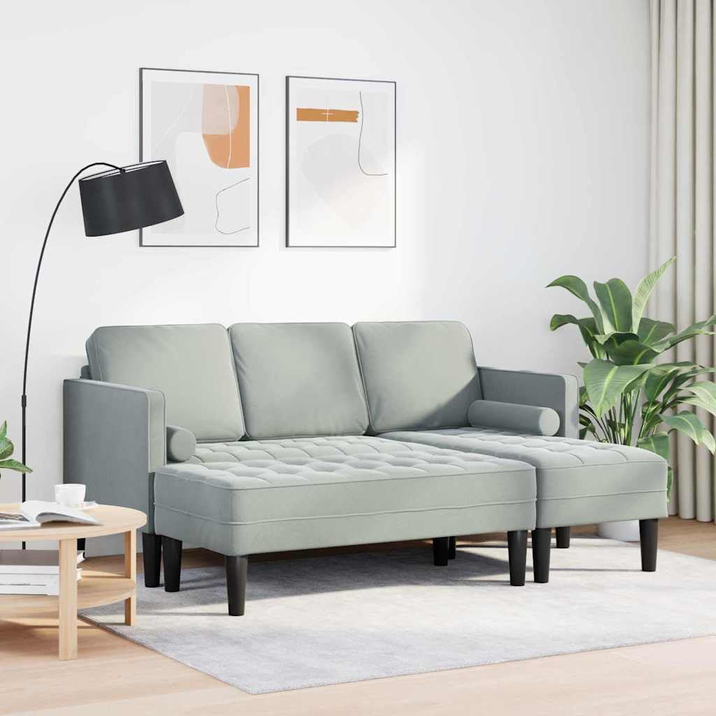 Sofa narożna z poduszką i taboretem, jasnoszara, poliester, drewniana rama, nowoczesny zestaw wypoczynkowy, sofa z miejscem do przechowywania, modułowa, 5 siedzeń, 173 x 131 x 67 cm