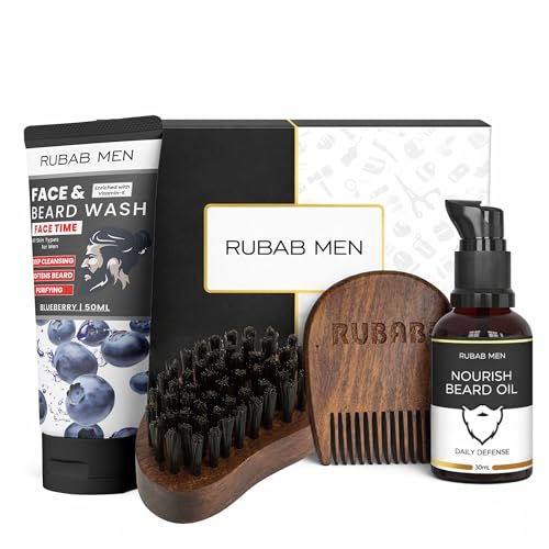 RUBAB MEN Ultimate Beard Grooming Kit | Beard Wash, Beard Growth Oil, Beard Brush & Wooden Pocket Comb (Set of 4)| Premium Everyday Care for Men RUBAB MEN Ultimate Beard Grooming Kit | Beard Wash, Beard Growth Oil, Beard Brush & Wooden Pocket Comb (Set of 4)| Premium Everyday Care for Men