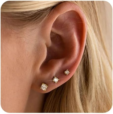 KELMALL Double Piercing Earrings For Two Holes, 14K Gold Chain Stud Earrings For Women: Dainty Small Hypoallergenic Cubic Zirconia Dangle Earrings Fashion Jewelry
