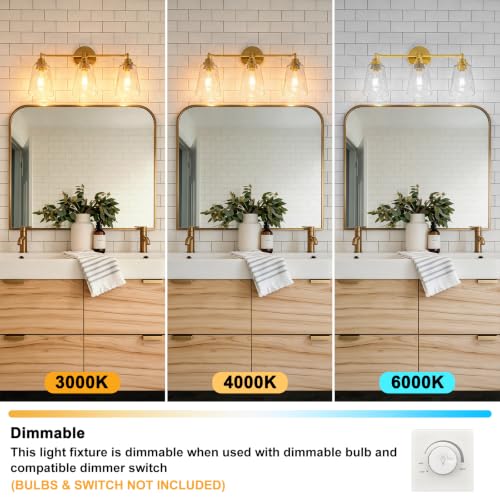 Image of WILON 3 Light Bathroom Light Fixtures Hammered Glass Vanity Light