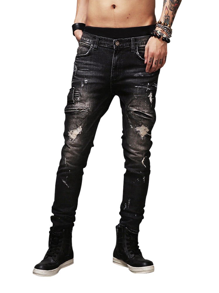 NORAME Men’s Fashion Black Jeans Ripped Distressed Slit Denim Slim Stretch Motor Pants (30, Black)