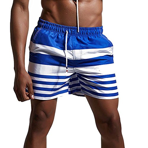 Men's Striped Beach Swimming Trunks Boxer Swim Underwear Boardshorts with Pocket