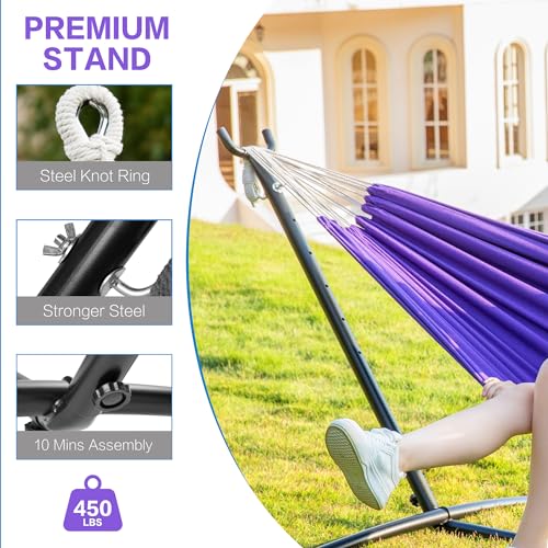Image of PNAEUT Double Hammocks with Stand for Outside, Portable Space Saving Heavy-Duty Steel Stand for Indoor Outdoor Patio with Carrying Bag, 450 lbs Capacity (Purple)