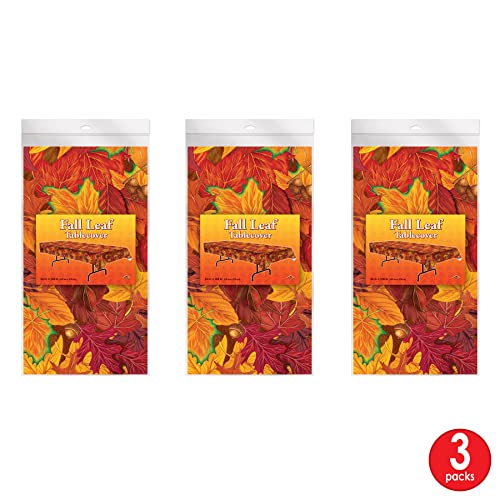 Image of Beistle Fall Leaf Tablecovers, 54 inch x 108 inch, 3 Pieces - Plastic Table Cloth, Rectangular Tablecloth